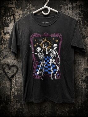 Mighty Fine Black Short-Sleeve Tee with Skeleton Dance Graphic